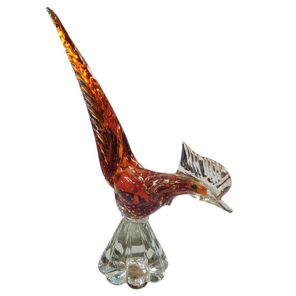 Vintage Murano Venetian Glass Pheasant Figurine 12  Amber Red Gold Bullicante 1960s
