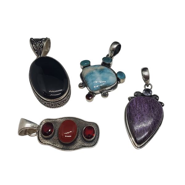 4 New Sterling Silver & Gemstone Pendants - Total Weight: 64.3 grams