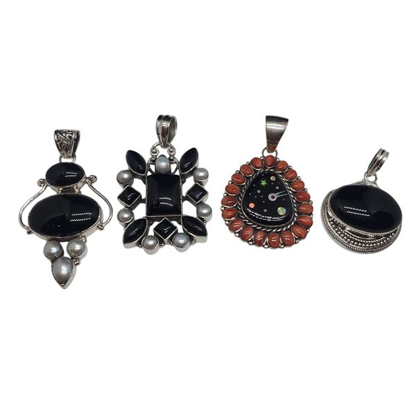 4 New Sterling Silver Onyx & Gemstone Pendants - Total Weight: 59 grams