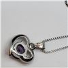 Image 3 : .925 Sterling Silver Heart Necklace with 1 Carat Amethyst Center - 17" chain - Weight: 3.9 grams