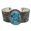 Image 1 : Sterling Silver Cuff Bracelet with Turquoise Center Stone (44 mm wide) - Weight: 56.3  grams