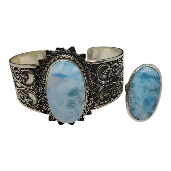 Sterling Silver Larimar  Gemstone Cuff Bracelet & Ring Set  (Bracelet is 46 mm wide) - Total weight: