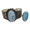Image 1 : Sterling Silver Larimar  Gemstone Cuff Bracelet & Ring Set  (Bracelet is 46 mm wide) - Total weight: