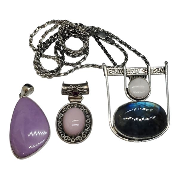 3 New Sterling Silver & Gemstone Pendants and 1 Chain - Total Weight: 42.7 grams