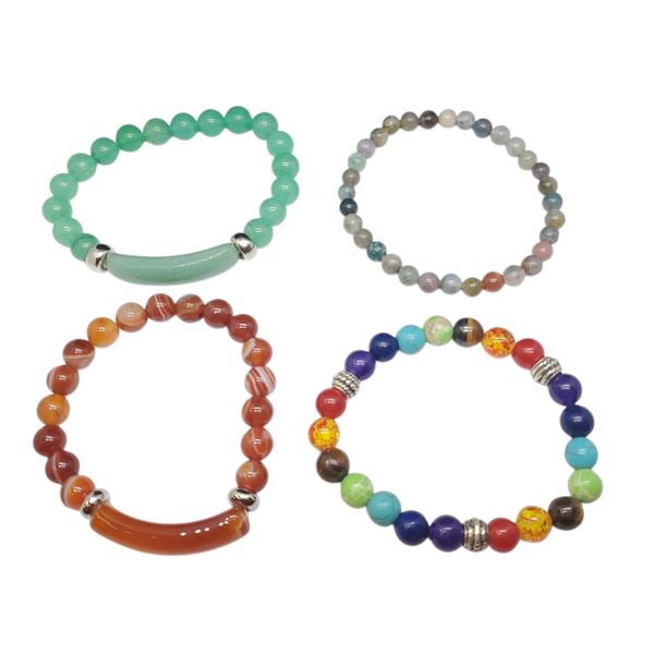 4 Buddha Stone Gemstone Stretch Bracelets with Cloth Bag (6 mm - 8 mm beads)