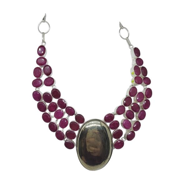Polished Pyrite & Faceted Garnet  Collar Necklace in a Silver Setting - Center stone is 37 mm x 53mm