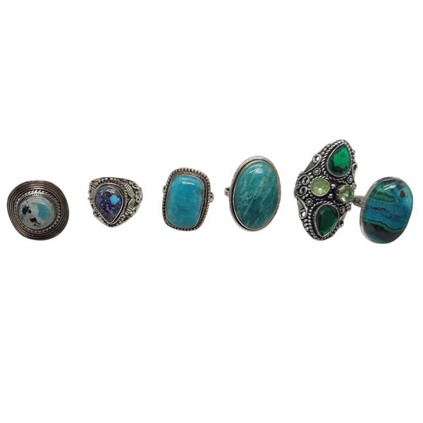 6 New .925 Sterling Silver Gemstone Rings - Turquoise, Golden Hills Turquoise, Chrysocolla Malachite