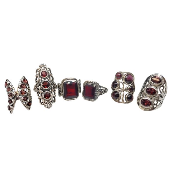 6 New .925 Sterling Silver Garnet Rings -  Longest ring is 40 mm - Total Weight: 51.6 grams