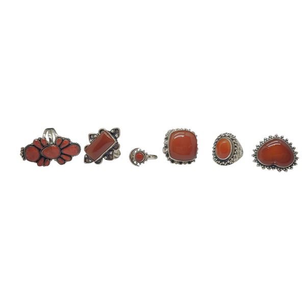 6 New .925 Sterling Silver Rings - Carnelian and Red Jasper - Total Weight: 47 grams