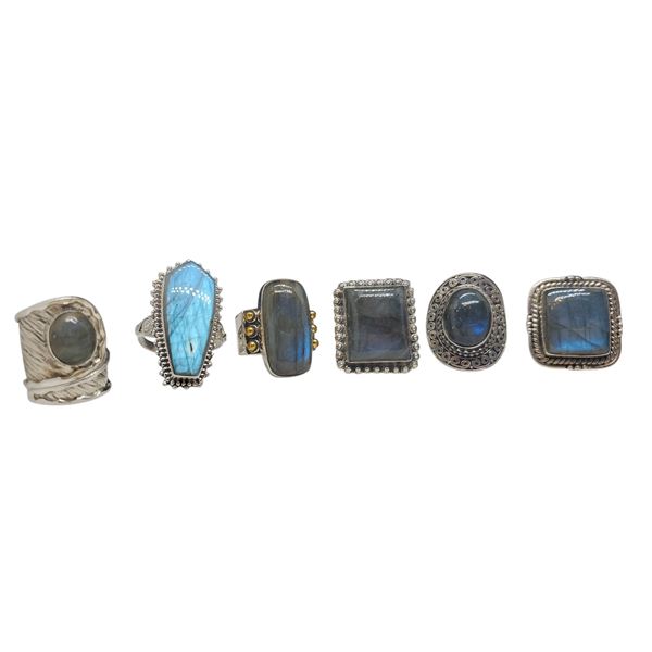 6 New .925 Sterling Silver Polished Labradorite Rings - Longest ring is 33 mm - Total Weight: 54.7 g