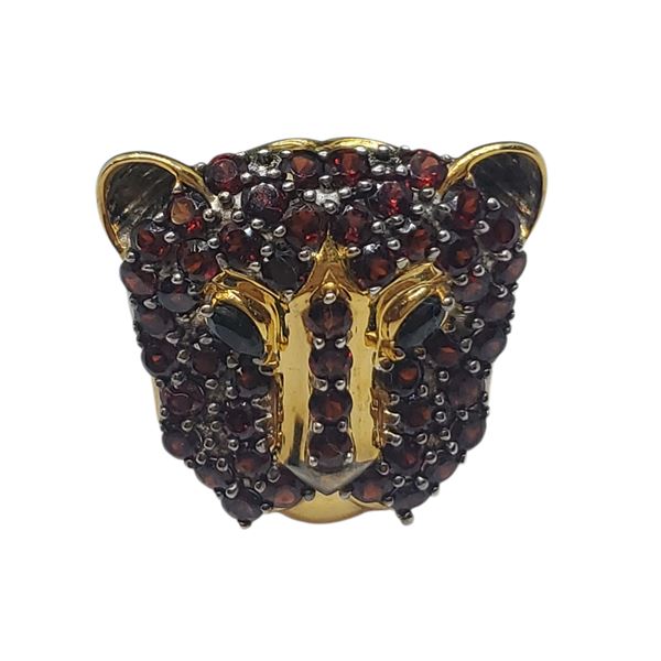 Vintage Sterling Silver Garnet Leopard Head Ring with Gold Overlay - Size 7 ring is 24 mm wide and w