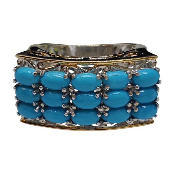 .925 Silver Turquoise Pave Ring with Gold Accents - 13 mm wide - Size 7 - Weight: 7.4 grams