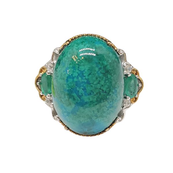 .925 Silver Chrysocolla Cabochon Ring with Crystal Accents & Gold Overlay - 21 mm wide - Size 7 - We