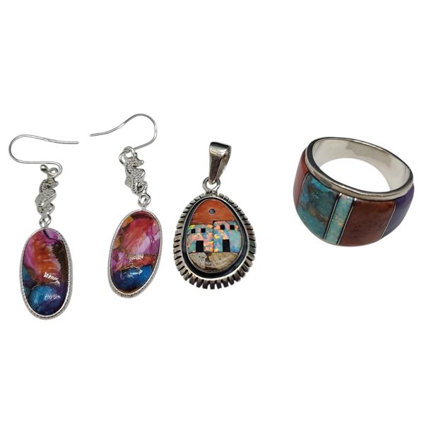 Sterling Silver Ring, Pendant & Earrings with Inlaid Opal Turquoise & Agate Stones - Total weight: 1