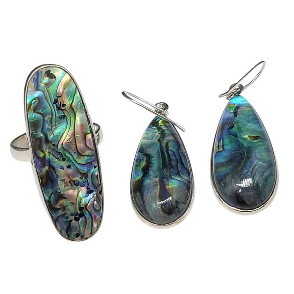 Sterling Silver Abalone Earrings & Ring - Ring  is 1.75" long - Total weight: 18.3 grams