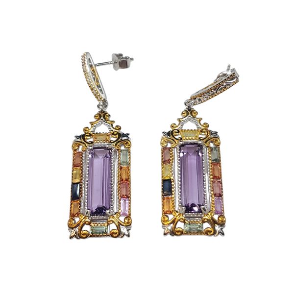 .925 Sterling Silver Balinese Amethyst & Multicolour Sapphire Earrings with Gold Plating - 2" Long x