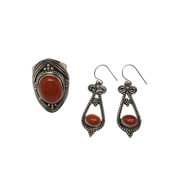 .925 Sterling Silver Carnelian Earrings & Ring Set -  Size 9 ring is 34mm wide - Total Weight of jew
