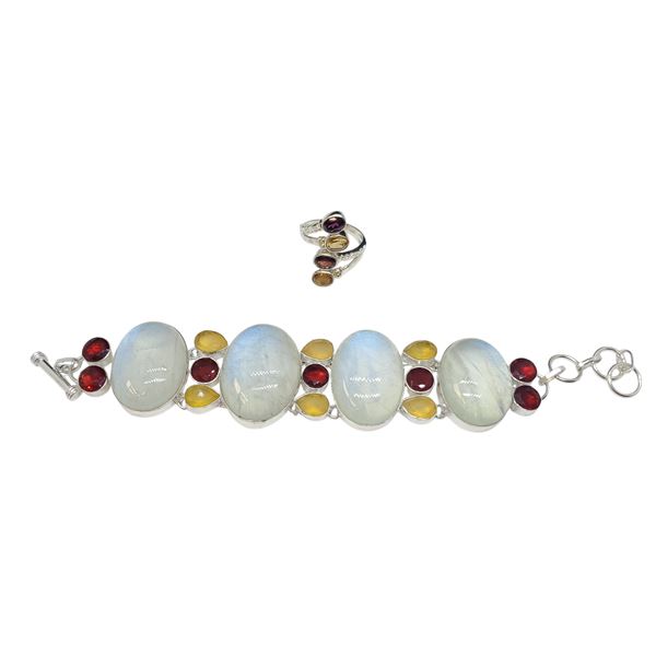 Sterling Silver Garnet Ring & Bracelet with Moonstone, Citrine & Garnet - Bracelet is 1.5" wide