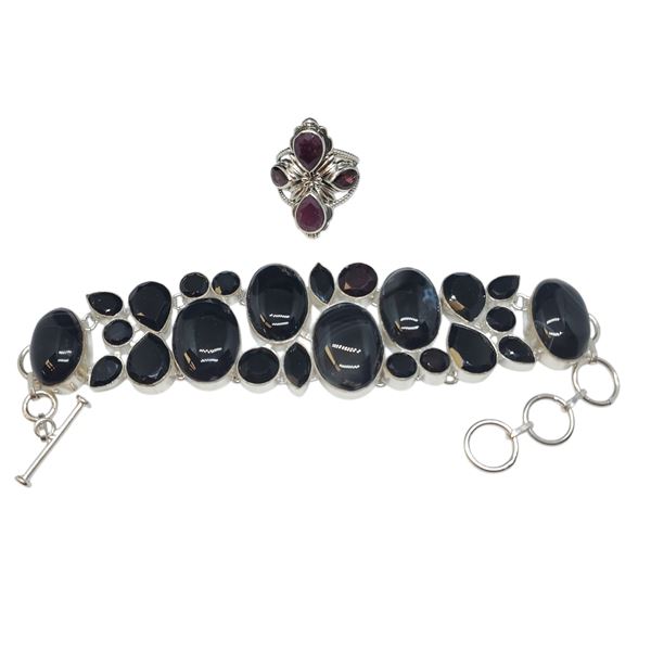 Polished Obsidian & Faceted Dark Garnet Bracelet & Sterling & Garnet Ring - Bracelet is 1.5" wide wi