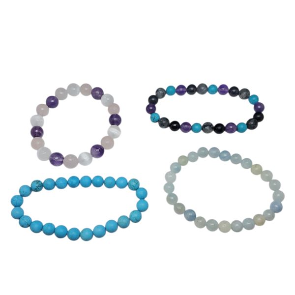 4 Natural Polished Gemstone Bead Bracelets - Rose Quartz, Turquoise Howlite, Amethyst, and Blue Agat