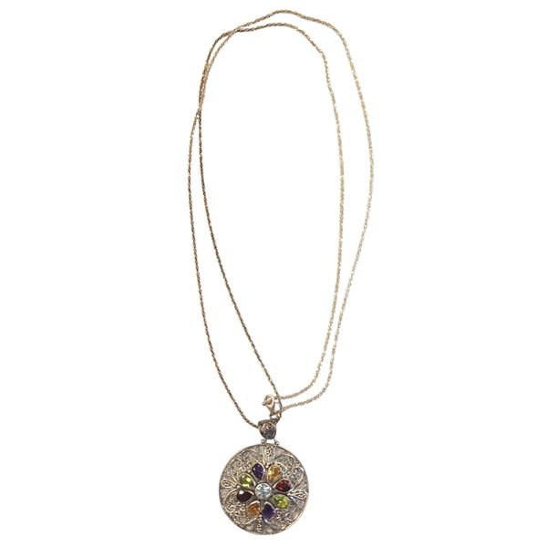 New Sterling Silver Multi-Gemstone Necklace (38 mm pendant on a 36" chain) - Total weight: 15.5 gram