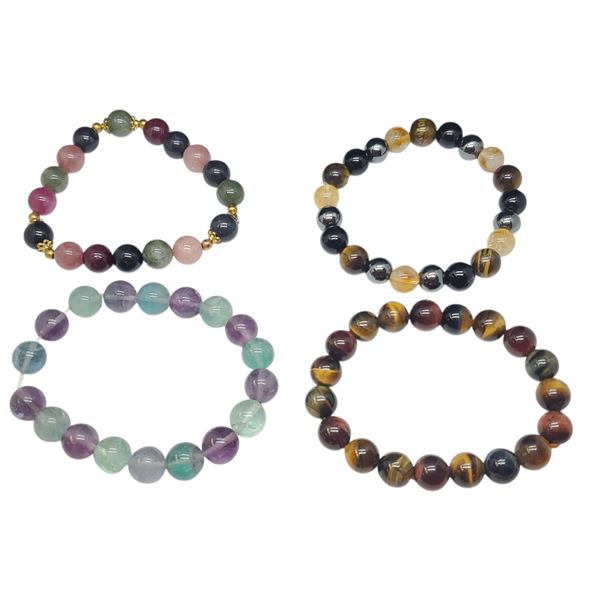 4 Natural Polished Gemstone Bead Bracelets - Tiger's Eye, Amethyst, Aventurine, Hematite and more (1