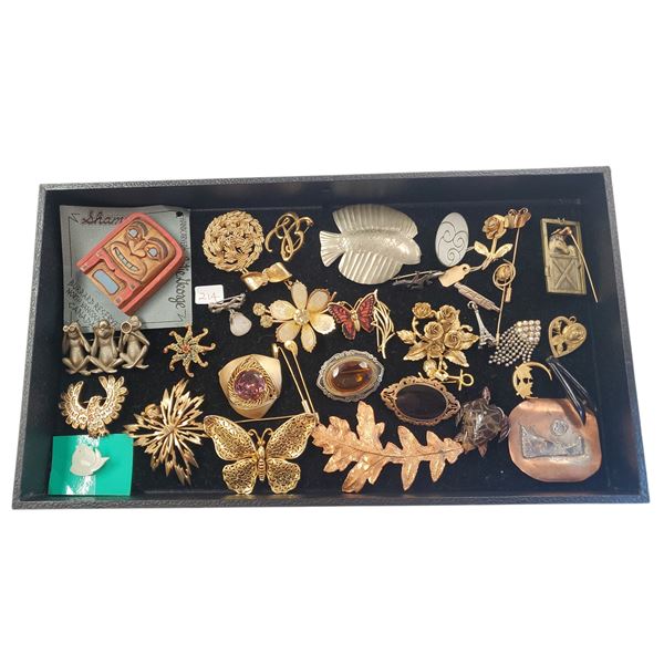 35 Brooches & Stick Pins - Majority are Vintage - Variety of Materials (Display tray not included)