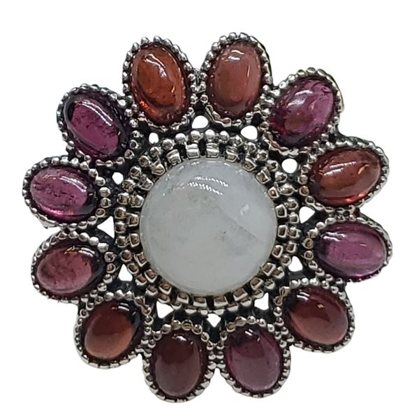 New Moonstone & Garnet Flower Ring Set in .925 Sterling Silver - Size 10 ring is 28mm diameter  - To