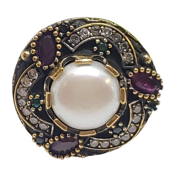 New Gemstone & Faux Pearl Ring Set in .925 Sterling Silver - Size 7 ring is 20mm diameter  - Total w