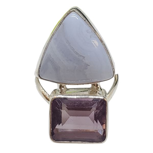 New  Amethyst Crystal & Blue Lace Agate Ring Set in .925 Sterling Silver - Size 8.5 ring is 30mm lon