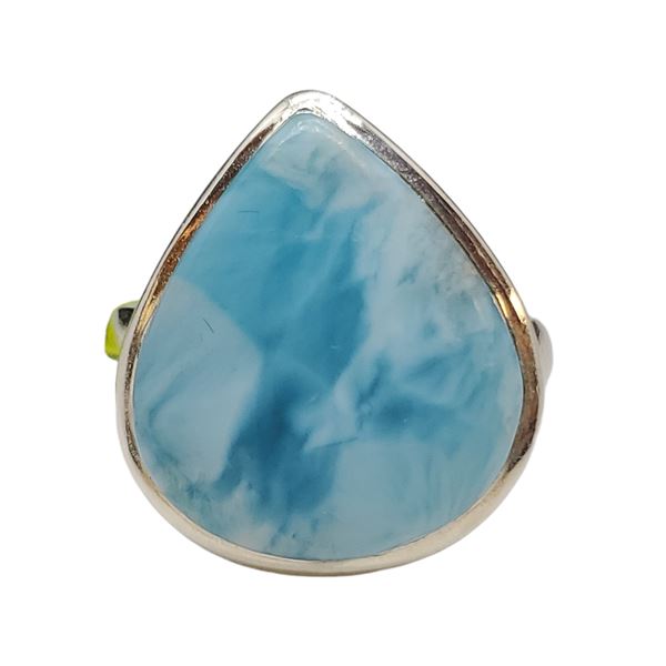 New Polished Blue Lace Agate Teardrop Ring Set in .925 Sterling Silver - Size 10 ring is 22mm long  