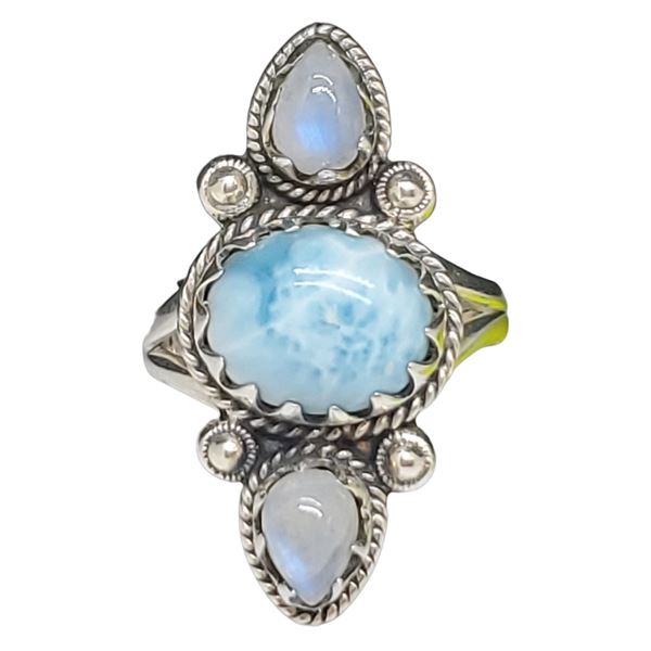 New  Blue Larimar & Moonstone Ring Set in .925 Sterling Silver - Size 8 ring is 32mm long  - Total w