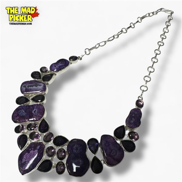 Polished and Faceted Amethyst Crystal Gemstone Collar Necklace in Silver Setting -  Center of collar
