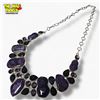 Image 1 : Polished and Faceted Amethyst Crystal Gemstone Collar Necklace in Silver Setting -  Center of collar