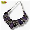Image 2 : Polished and Faceted Amethyst Crystal Gemstone Collar Necklace in Silver Setting -  Center of collar