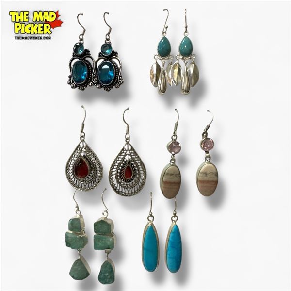 6 New Pairs of Sterling Silver Gemstone & Agate Earrings - All for pierced ears
