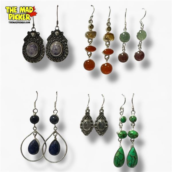 6 New Pairs of Sterling Silver Gemstone & Agate Earrings - All for pierced ears