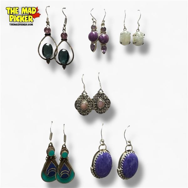 6 New Pairs of Sterling Silver Gemstone & Agate Earrings - All for pierced ears