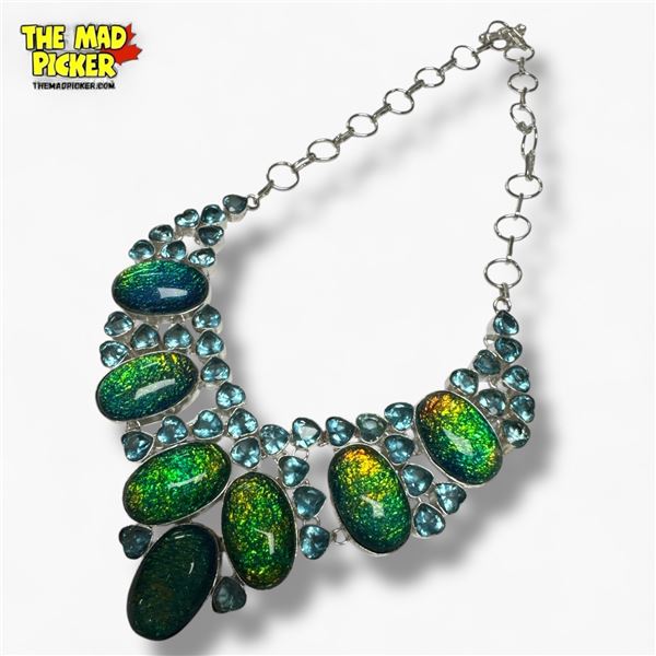 Opal Triplet & Heart Shaped Blue Crystal Gemstone Collar Necklace in Silver Setting  Center of colla