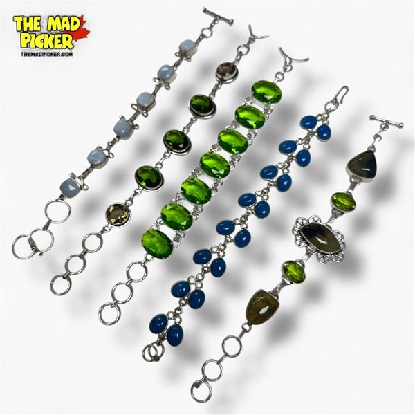 5 New  Gemstone Toggle Bracelets in Silver Settings - Peridot Crystal, Citrine, Mabe Pearl, , Moonst