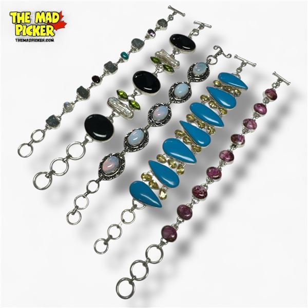5 New  Gemstone Toggle Bracelets in Silver Settings - Peridot Crystal, Citrine, Moonstone, Onyx and 