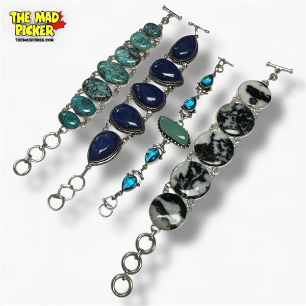 4 New  Wide Gemstone Toggle Bracelets in Silver Settings - Howlite Turquoise, Lapis, Garnet, Zebra J