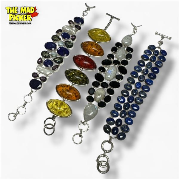 4 New  Wide Gemstone Toggle Bracelets in Silver Settings - Moonstone, Amber Resin, Amethyst, Mabe Pe