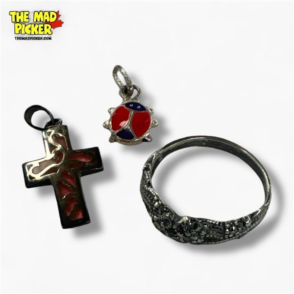 Vintage Silver Marcasite Ring (Size 8.5), .800 Silver Lady Bug Charm, Sterling Overlay 1" Cross Pend