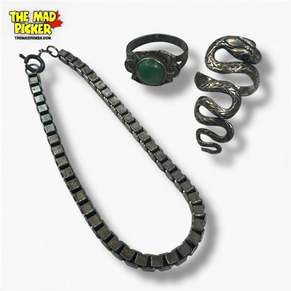 3 Pcs. of Sterling Silver Jewelry - Bracelet and 2 rings - Total weight including gemstone: 22.5 gra