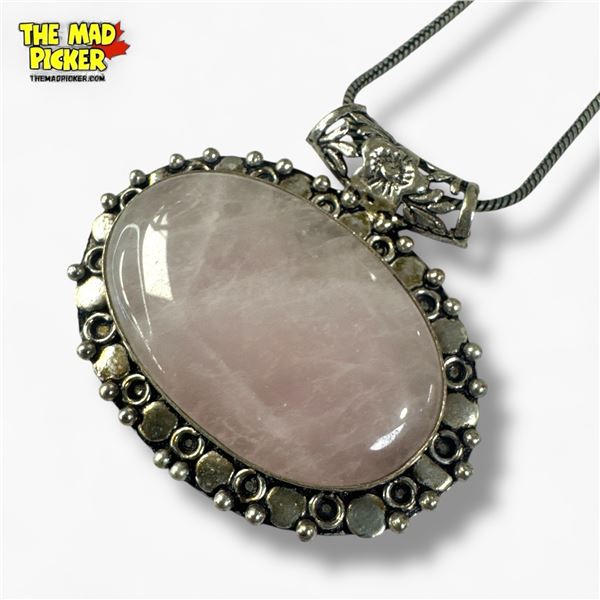 New Sterling Silver Rose Quartz Slide Pendant Necklace - (43 x 45 mm pendant on 20" chain) - Total w