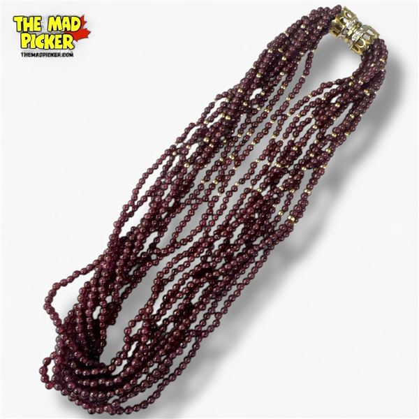 10 Strand Garnet Bead Necklace - 16" long with Gold Plated Spacers and 3 mm beads. Magnetic Gold Pla