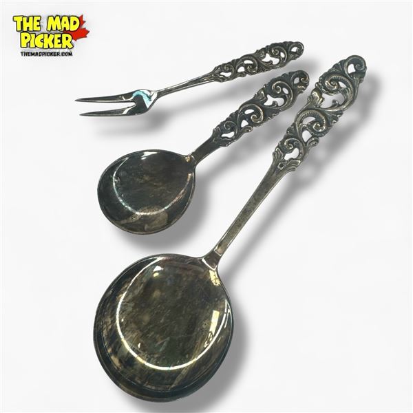 .830 Silver Vintage Brodrene Mylius Norway Tele Pattern Cocktail Fork, Sugar Shell & 6.5" Condiment 