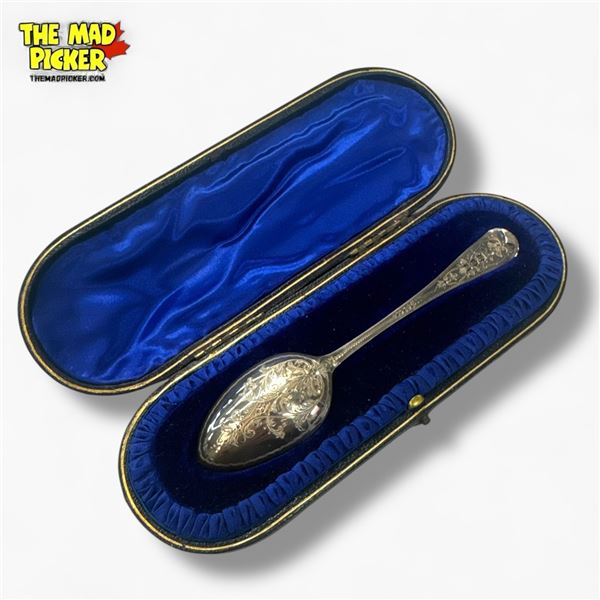 Antique Sterling Silver H. A. & S  London Ornate 6" Spoon in Fitted Case (Initials engraved on top) 