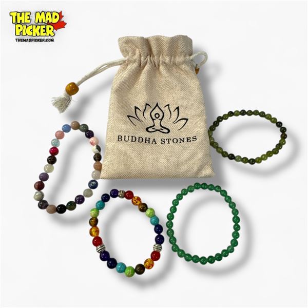 4 Buddha Stone Gemstone Stretch Bracelets with Cloth Bag (6 mm - 8 mm beads)